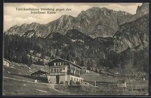 AK Unterkunftshaus Steinberg, Berghütte gegen den Scheffauer Kaiser