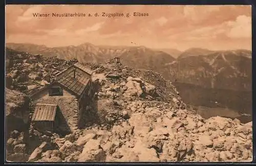 AK Wiener Neustätterhütte, Berghütte an der Zugspitze gegen Eibsee