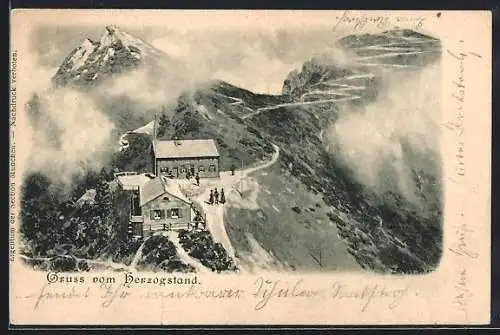 AK Herzogstand-Hütte, Ansicht aus der Vogelschau mit Gipfelblick