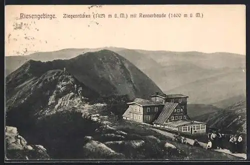 AK Rennerbaude, Ansicht mit Ziegenrücken und Bergpanorama