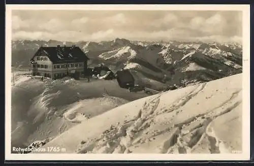 AK Rotwandhaus, Berghütte mit Gipfelpanorama, Schnee