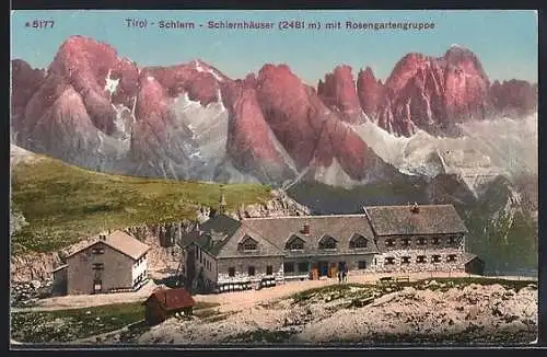 AK Schlern, Schlernhäuser mit Rosengartengruppe, Berghütte
