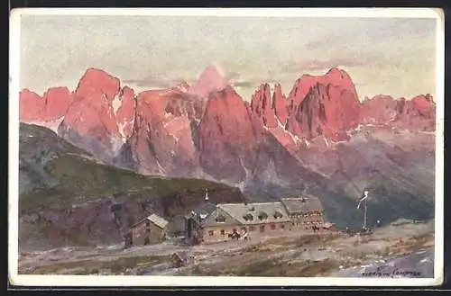 Künstler-AK Edward Harrison Compton: Rifugio Monte Pez, Blick auf die Berghütte in den Dolomiten