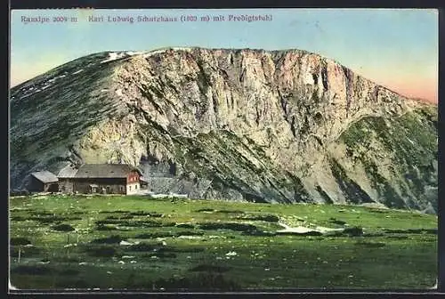 AK Karl Ludwig Schutzhaus /Raxalpe, Berghütte mit Predigtstuhl