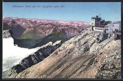 AK Münchener Haus auf der Zugspitze, Berghütte mit Panoramablick