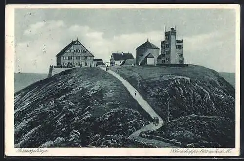 AK Schneekoppenhäuser, Riesengebirge, mit Hüttenstempel
