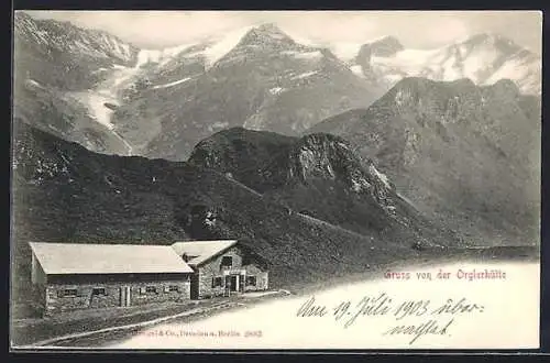 AK Orglerhütte, Ansicht mit Gipfelpanorama