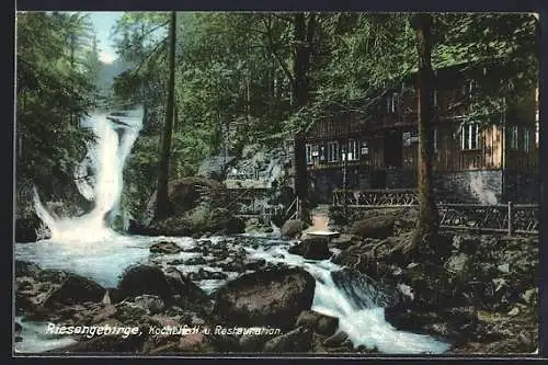 AK Kochelfall-Restauration /Riesengebirge, Kochelfall und Berghütte