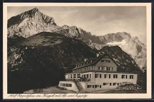 AK Adolf Zöppritzhaus am Kreuzeck, Berghütte mit Alp- und Zugspitze