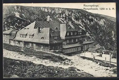 AK Hampelbaude /Riesengebirge, Berghütte aus der Vogelschau