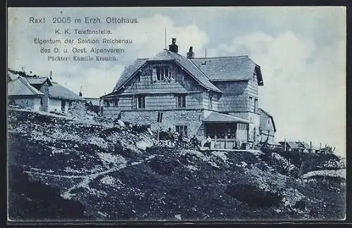 AK Erzherzog Ottohaus mit Telefonstelle auf dem Rax, Wanderer auf der Terrasse