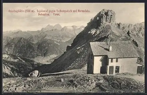 AK Ostertaghütte /Vajolontal, Berghütte gegen Tschampatsch und Marmolata