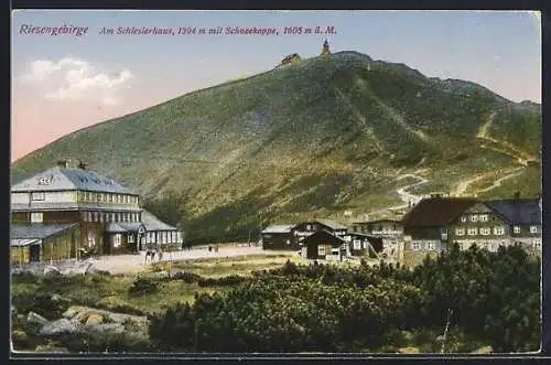 AK Schlesierhaus /Riesengebirge, Berghütten-Panorama mit Schneekoppe