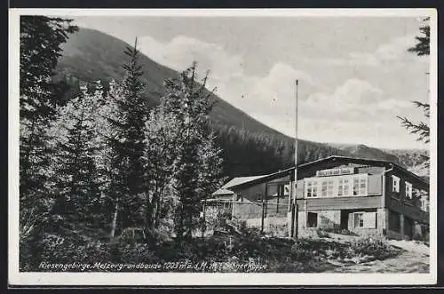 AK Melzergrundbaude, Berghütte mit Schneekoppe, Riesengebirge