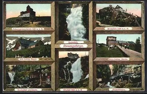 AK Elbfallbaude, Berghütte im Riesengebirge, Blick auf Elbefall, Zackelklamm, Kochelfall, Hochstein, Neue Schles. Baude