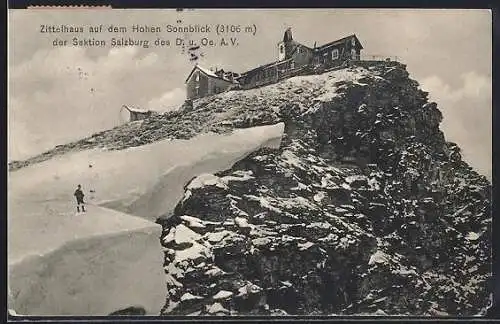 AK Zittelhaus am Hohen Sonnblick, Berghütte mit Schneefeld