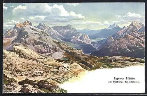 Künstler-AK Rudolf Reschreiter: Egerer Hütte am Südhange des Seekofels