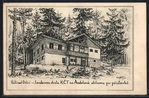 Künstler-AK Janderova chata /Ústí nad Orlicí, Janderova chata KCT na Andrlove chlumu po pristavbe