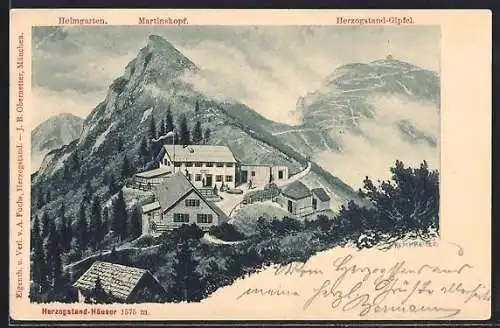 Künstler-AK Rudolf Reschreiter: Herzogstand-Häuser, Heimgarten, Martinskopf und Herzogstand-Gipfel