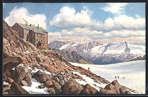 Künstler-AK sign. R. Reschreiter: Brandenburger Haus am Keselwandjoch in den Ötztalern, Berghütte