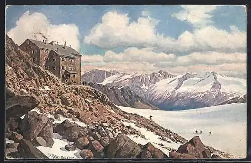 Künstler-AK sign. R. Reschreiter: Brandenburger Haus am Keselwandjoch in den Ötztalern, Berghütte