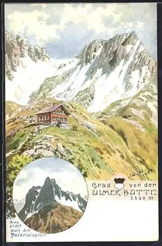 Künstler-AK Ulmer Hütte am Arlberg, Aussicht auf die Pateriolspitze