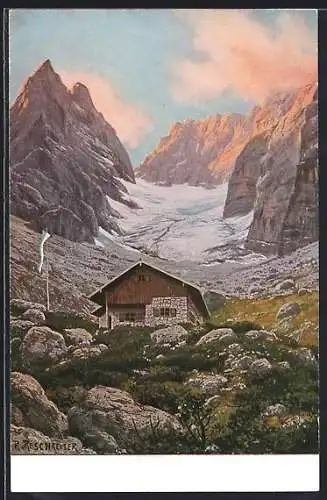 Künstler-AK sign.: Reschreiter, Blaueishütte am Hochkalter, Sektion Hochland des D. u. Ö. A. - V.