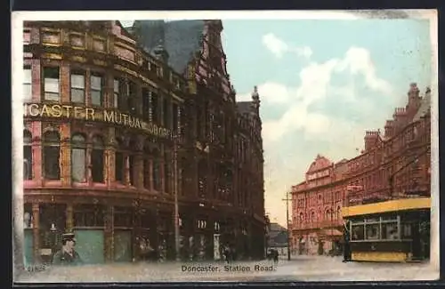 AK Doncaster, Station Road, Strassenbahn