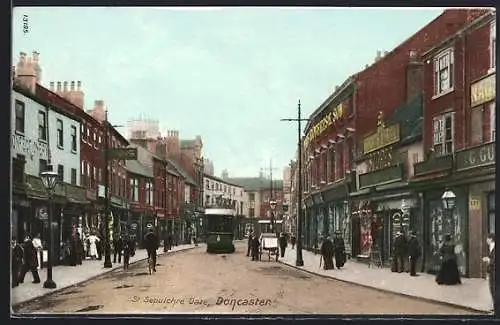 AK Doncaster, St. Sepulchre Gate, Strassenbahn