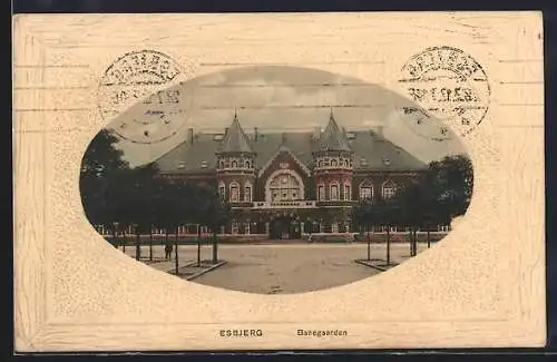 Präge-AK Esbjerg, Banegaarden, Bahnhof, Passepartout