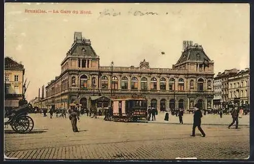 AK Bruxelles, La Gare du Nord, Pferdebahn