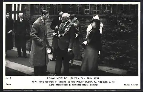 AK Halifax, Royal visit 1937, H. M. King Georg von England talking to the Mayor Coun C. Hodgson J. P.