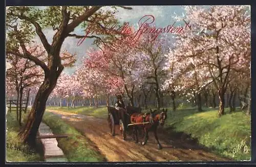 Künstler-AK Raphael Tuck & Sons Nr. 258: Pferdewagen auf einer Landstrasse, Pfingstgruss