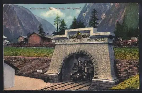 AK Böckstein, Tauerntunnel, Nordportal mit aus dem Tunnel herausfahrender Eisenbahn