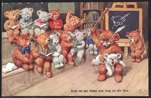 Künstler-AK Teddy wird von seinem Lehrer in der Teddy-Schule gezüchtigt