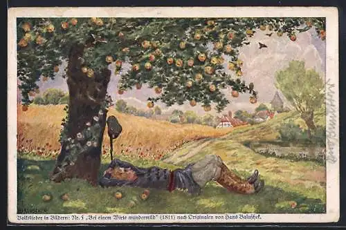 Künstler-AK Hans Baluschek: Soldat macht Rast unter einem Apfelbaum