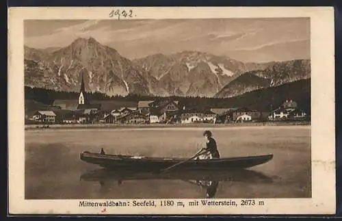 AK Seefeld, Blick übers Wasser zum Ort mit Wetterstein, Frau im Ruderboot