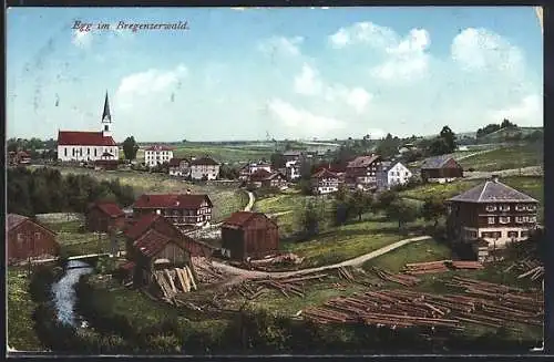 AK Egg im Bregenzerwald, Teilansicht mit Kirche und Sägewerk