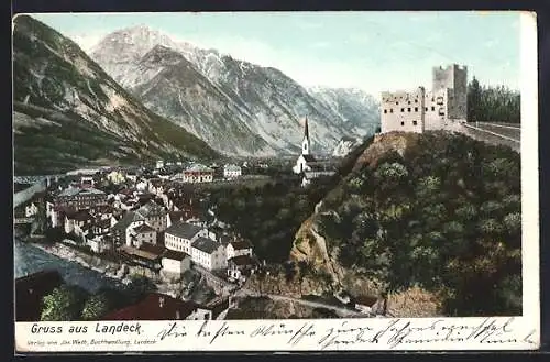 AK Landeck, Panoramablick über den Ort mit Burg, um 1900
