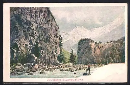 Künstler-AK Mayrhofen, Zemmgrund im Zillertal, Wanderer