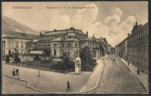 AK Innsbruck, Stadtsäle u. K. K. Staatsgymnasium, Litfasssäule