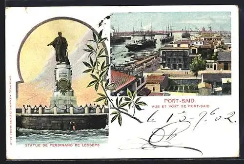 AK Port-Said, Vue et Port, Staute de Ferdinand de Lesseps