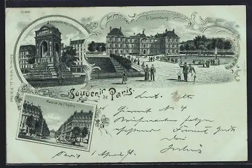 Mondschein-AK Paris, Fontaine des Innocents, Le Luxembourg, Avenue de l`Opéra