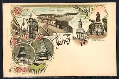 Lithographie Nancy, Rue de la Constitution, les nouvelles Casernes, Statue de Drouot
