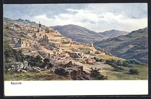 Künstler-AK F.Perlberg: Nazareth, Totalansicht mit Schafhirte