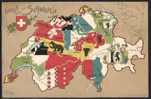 AK Schweiz, Landkarte mit Thun, Zürich und Luzern