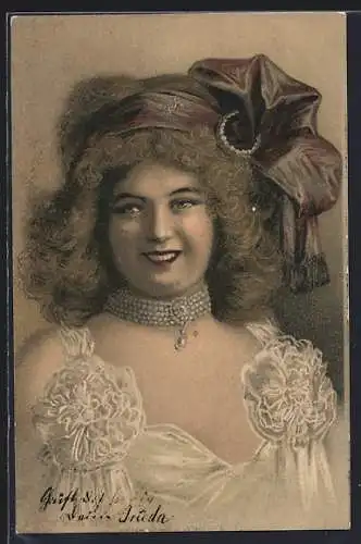 Lithographie Dame mit Haarschleife und Perlenkette