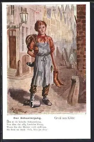 Künstler-AK Köln, Schusterjunge auf einer Strasse