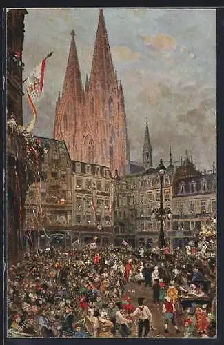 Künstler-AK Köln, Der Rosenmontagszug auf dem Wallrafplatz
