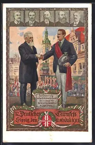 AK Leipzig, 12. Deutsches Turnfest 1913, Turner schütteln sich die Hände, Porträts Th. Georgii, Alw. Martens u.a.